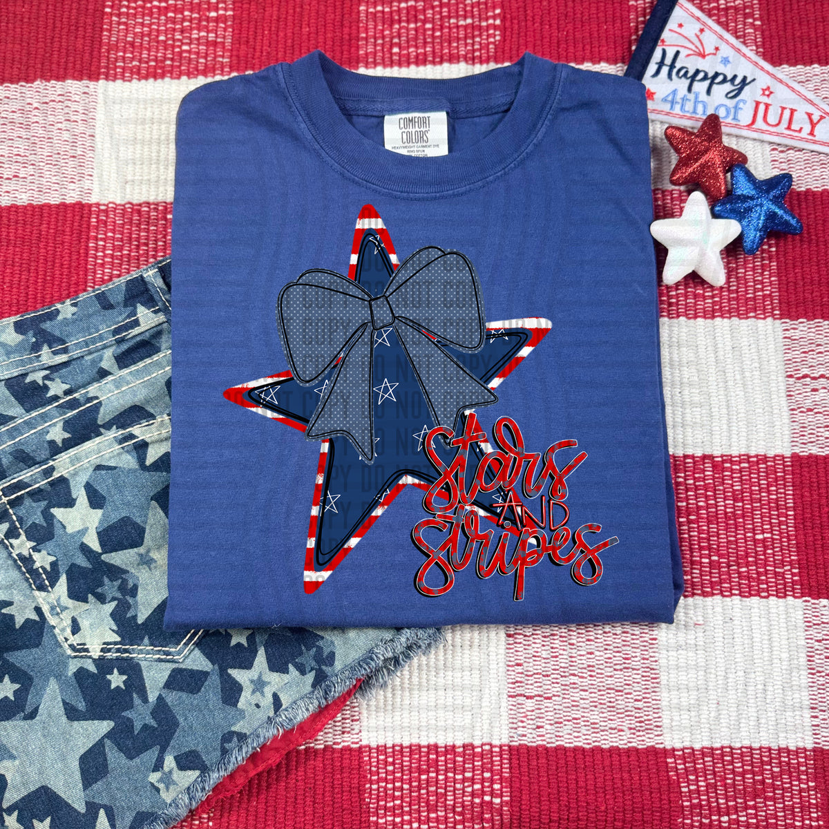 stars and stripes blue star with red and white outline and blue bow (caplinger) DTF Transfer