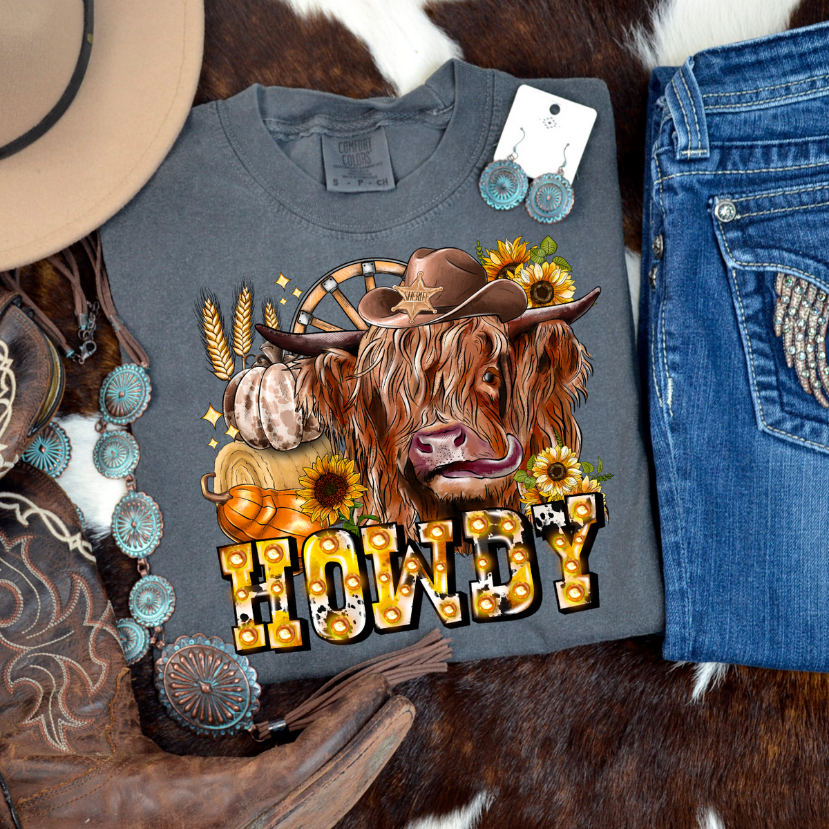 Howdy shaggy cow sheriff’s hat (RD) DTF Transfe