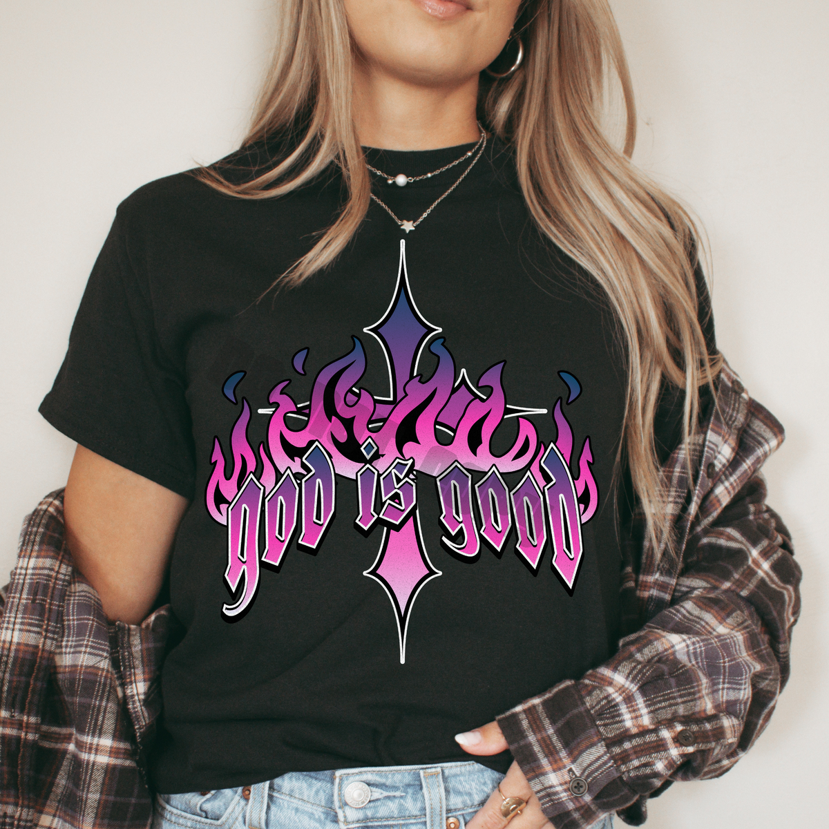 God is good pink flames (Lyttle) DTF transfer