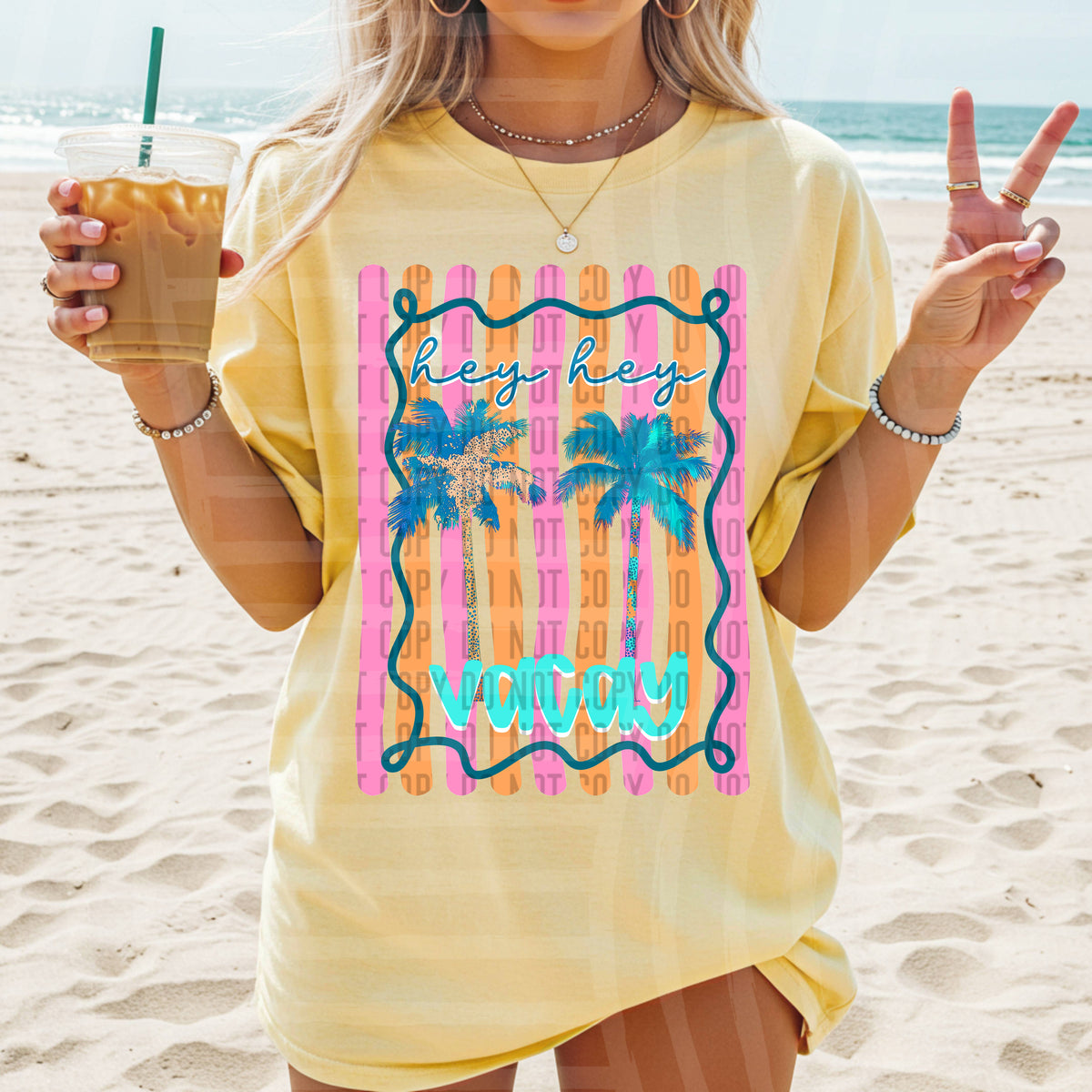 hey hey vacay colorful background with palm trees (caplinger) DTF transfer