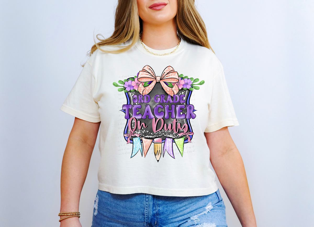 3rd Grade Teacher On Duty Purple Frame with Bow and Pencil 115641 DTF Transfer