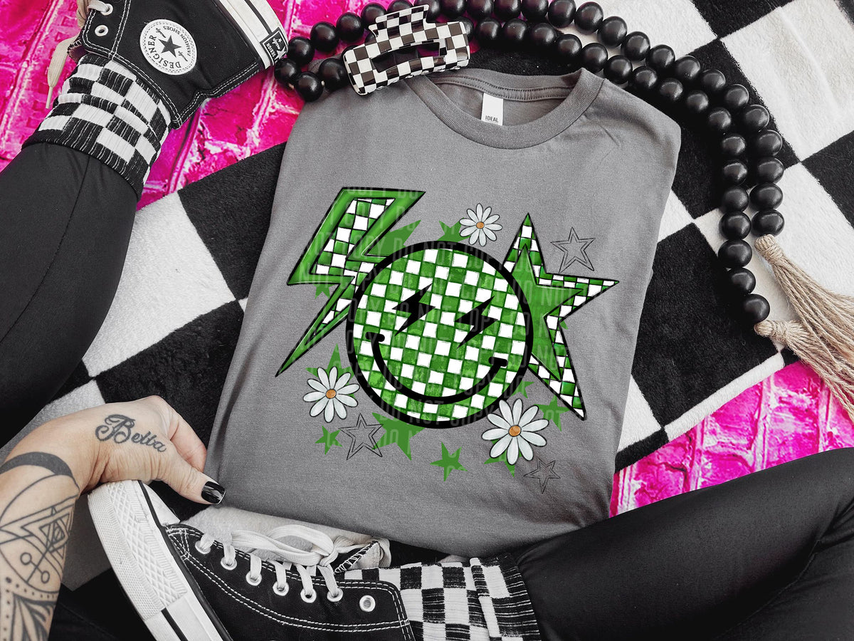 Checkered Smiley Bolt and Star GREEN (Caplinger) DTF transfer