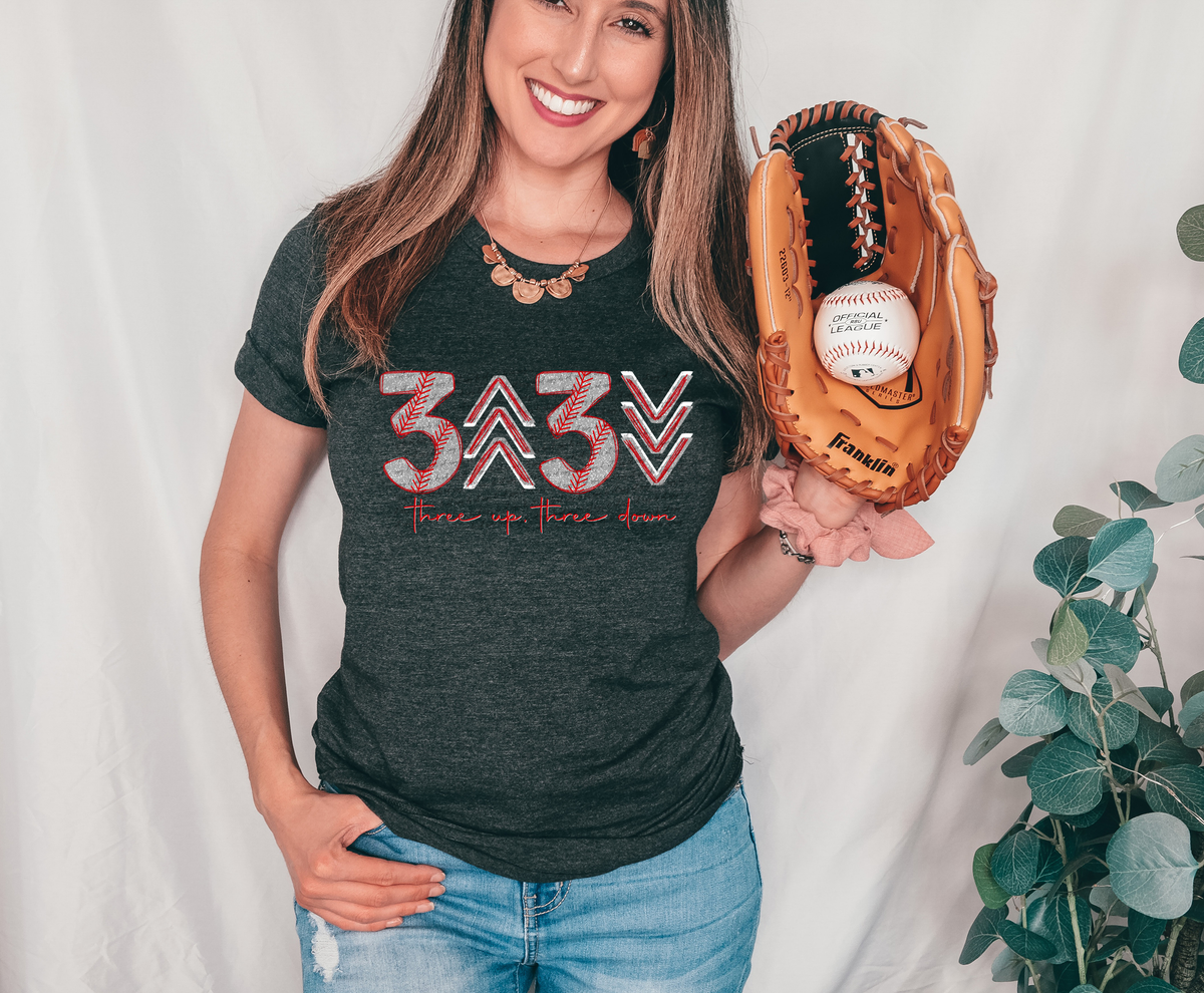 Three Up Three Down Grey Red Baseball 81855 DTF Transfer