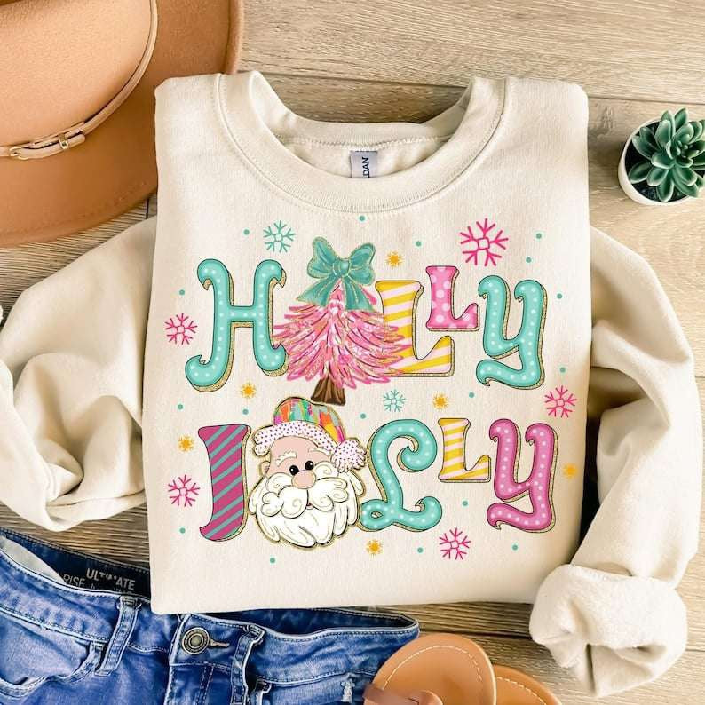 Holly jolly pastel with Santa 67931 DTF transfer