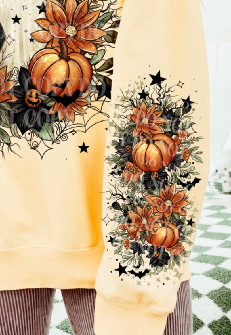 Tan Ghost with black cat and pumpkins moon SLEEVE AG DTF transfer