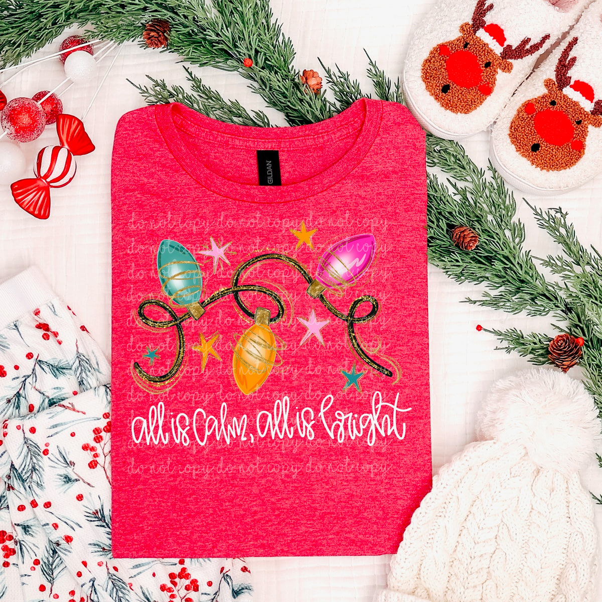 All is Calm All is Bright faux glitter lights DTF transfer