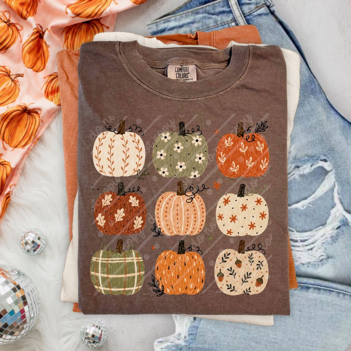 9 pumpkins grid (green, cream, orange) DTF Transfer