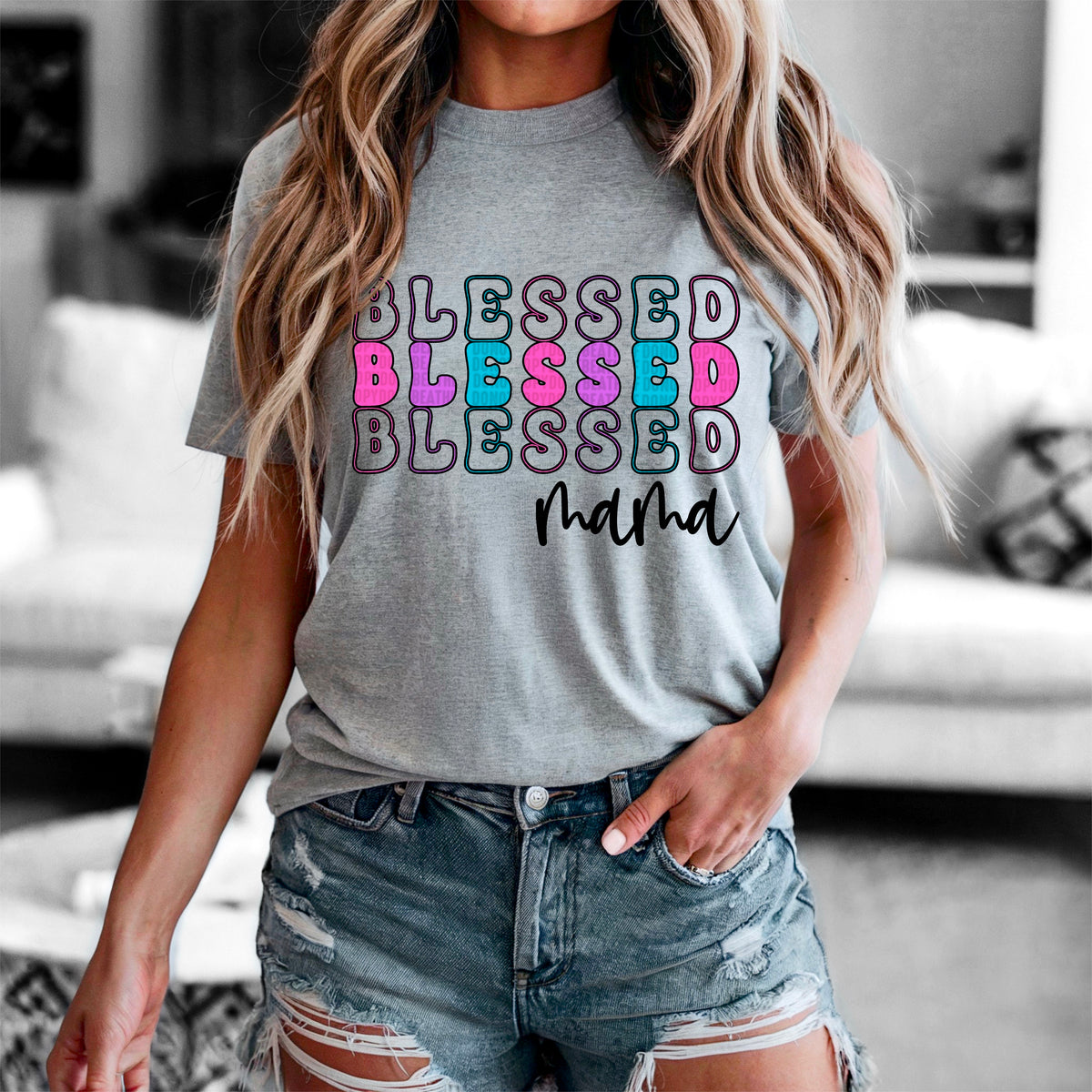 Blessed mama stacked color and black outline 91634 DTF transfer