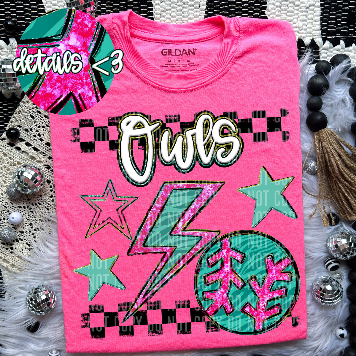 Owls Teal and Pink Checkered (Caplinger) DTF transfer