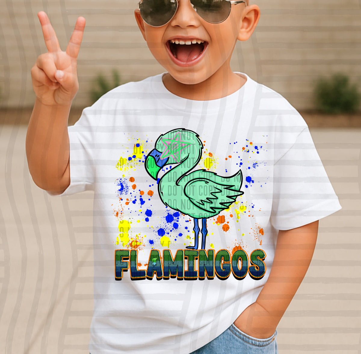 flamingos paint splatter boy blue green and yellow (Caplinger) DTF Transfer