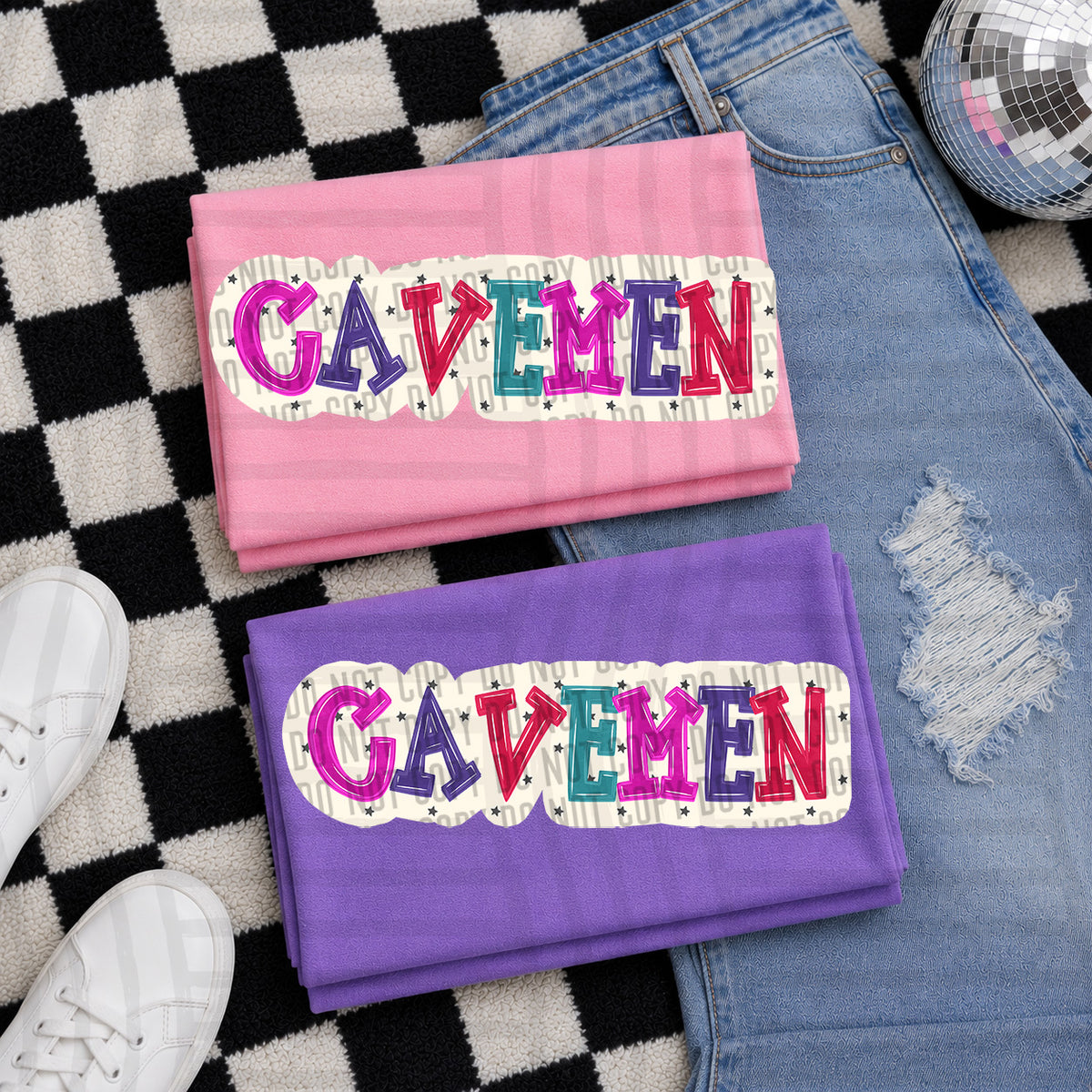 cavemen bubble around letters with small stars (Caplinger) DTF Transfer
