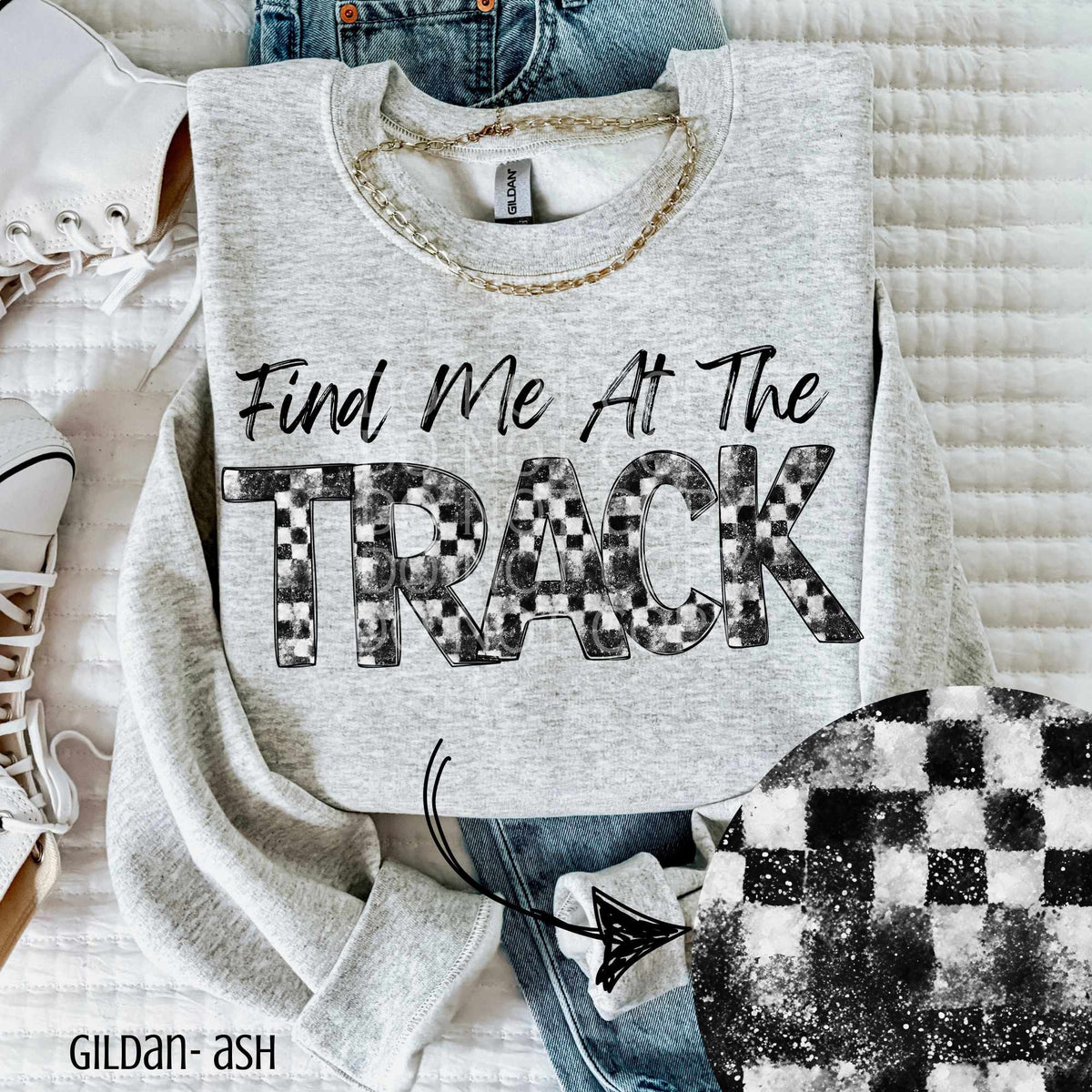 Find me at the track checkered and glitter (CSG) 84225 DTF transfer