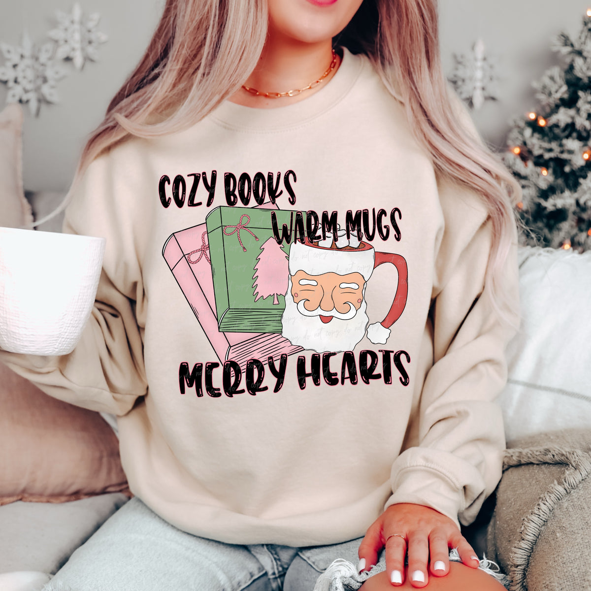 Cozy books warm hearts merry hugs white Santa mug black letters 30200 DTF transfer