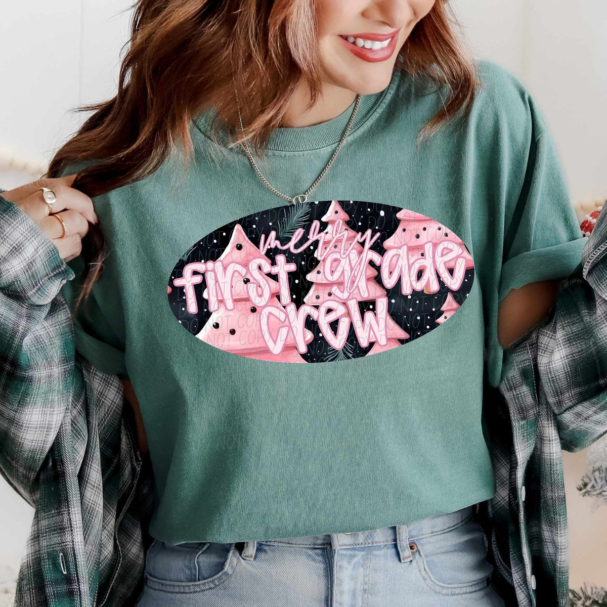 Merry first grade crew pink trees (CITY) 62313 DTF transfer