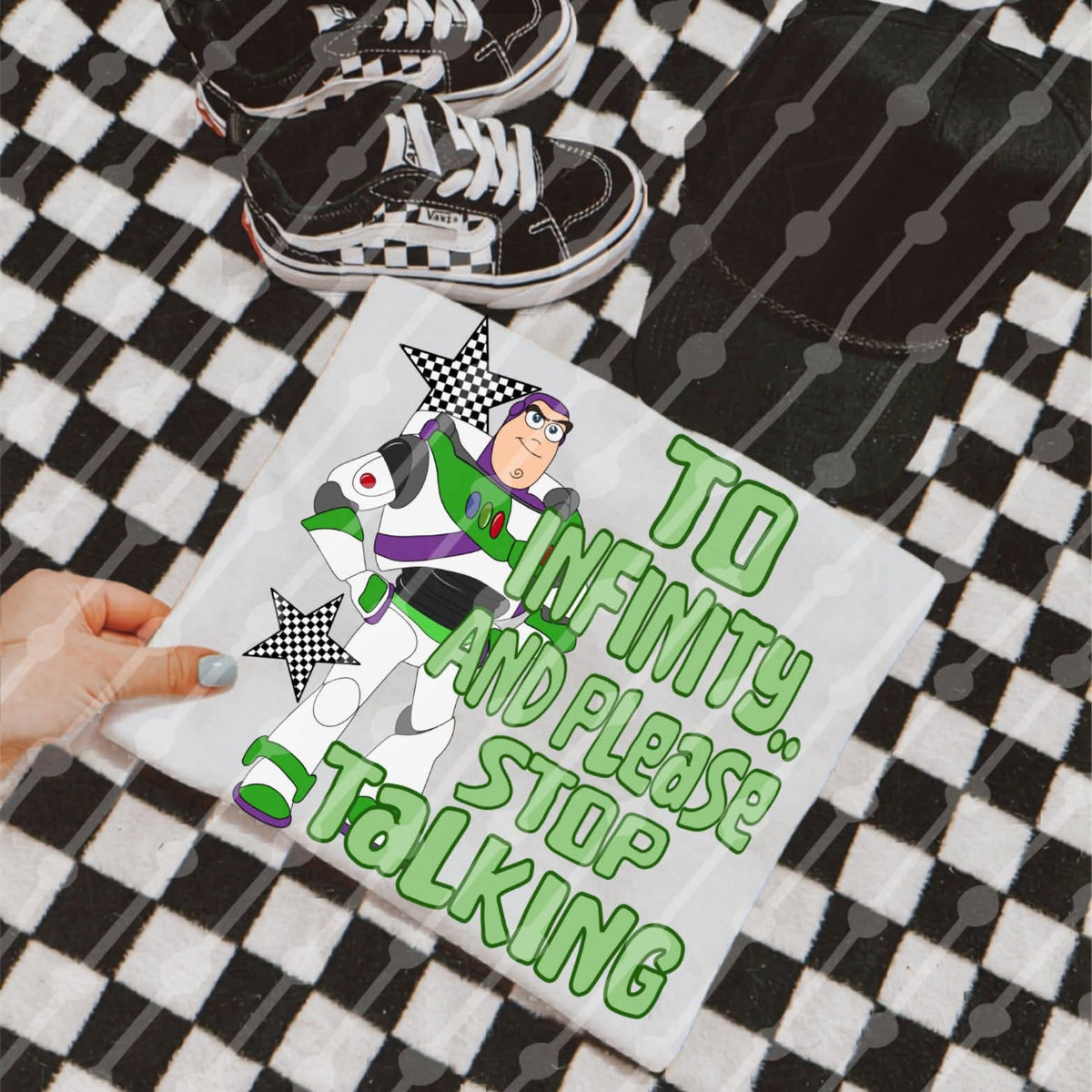 To infinity and please stop talking checkered stars (JBD) DTF Transfer