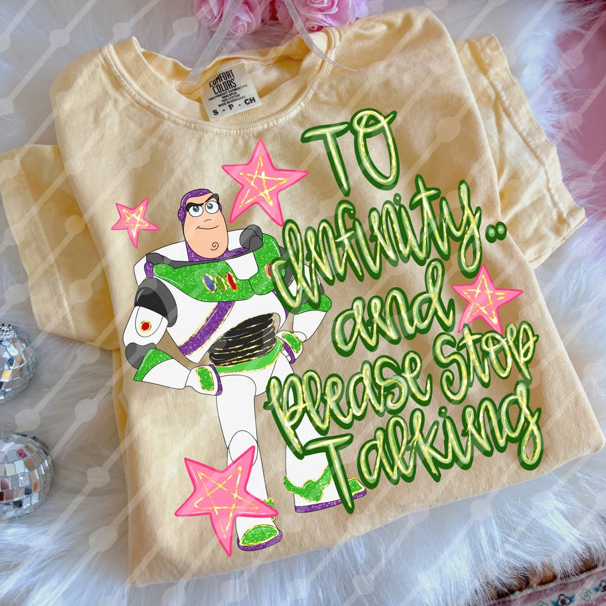 To infinity and please stop talking with gold (JBD) DTF Transfer