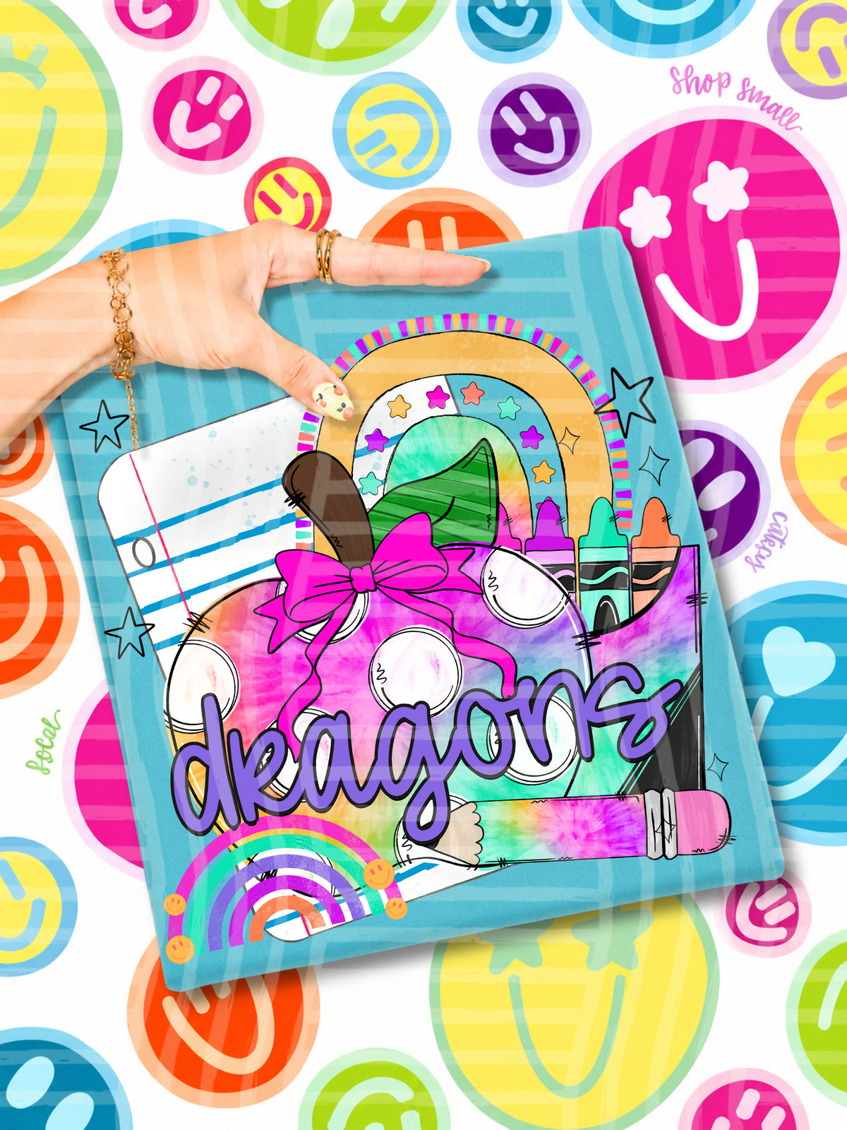 dragons tie dye apple with white dots and school stuff (CAPLINGER) DTF Transfer