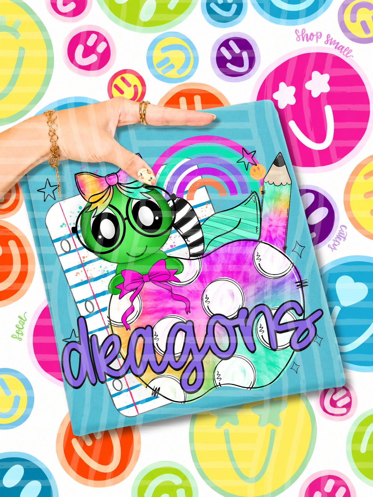 dragons tie dye apple with white dots & green bug (CAPLINGER) DTF Transfer