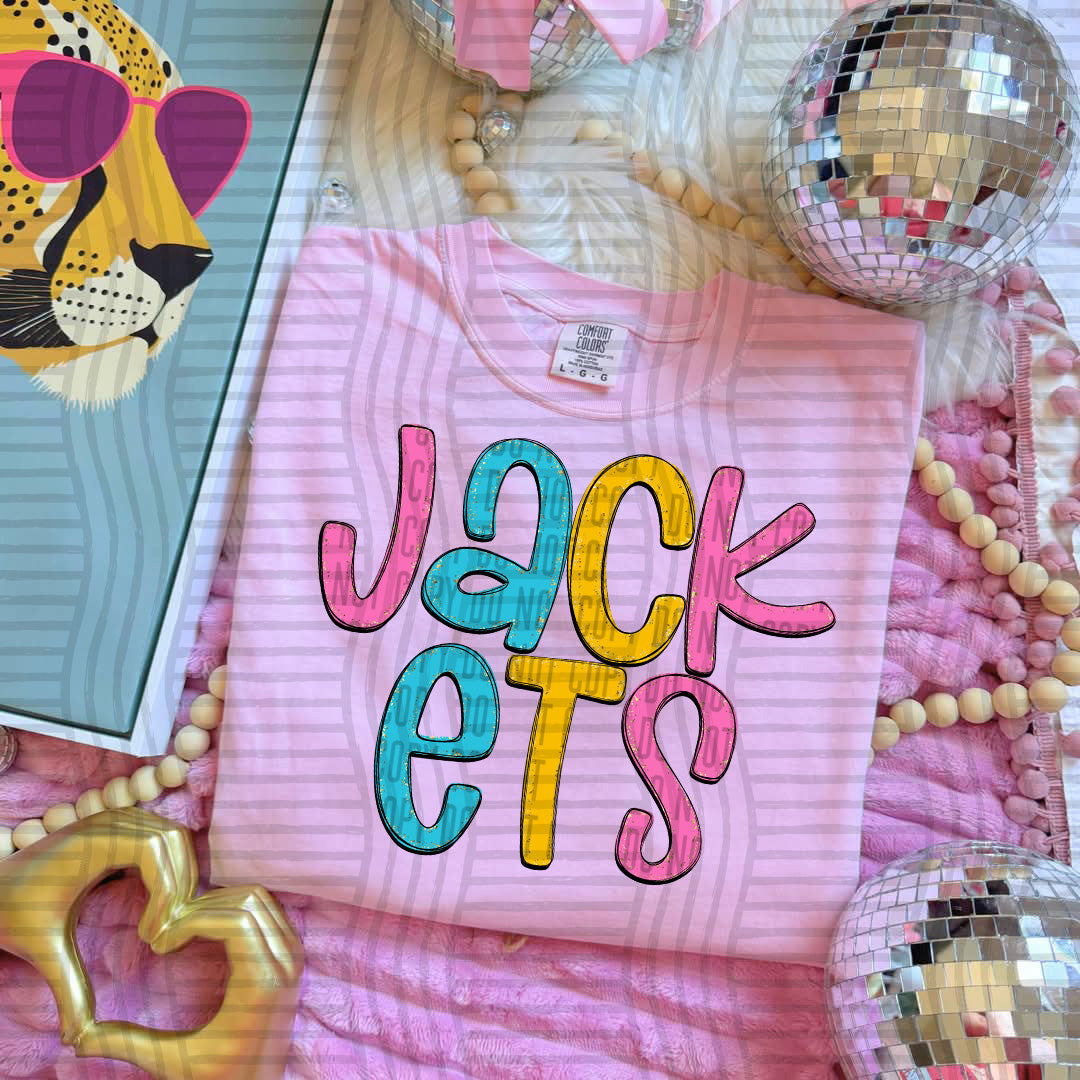 blue yellow and pink jackets stacked (Caplinger) DTF Transfer
