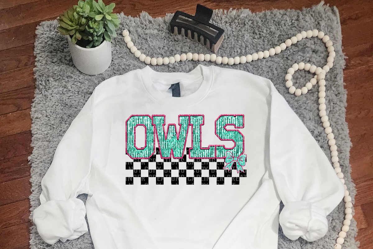 Turquoise And Pink Faux Embroidery Owls 74100 DTF Transfer