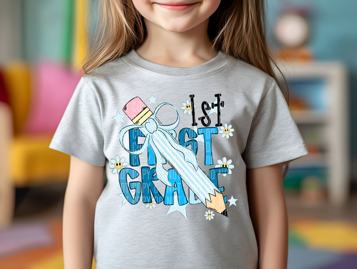 1st grade blue pencil bow (Caplinger) DTF transfer