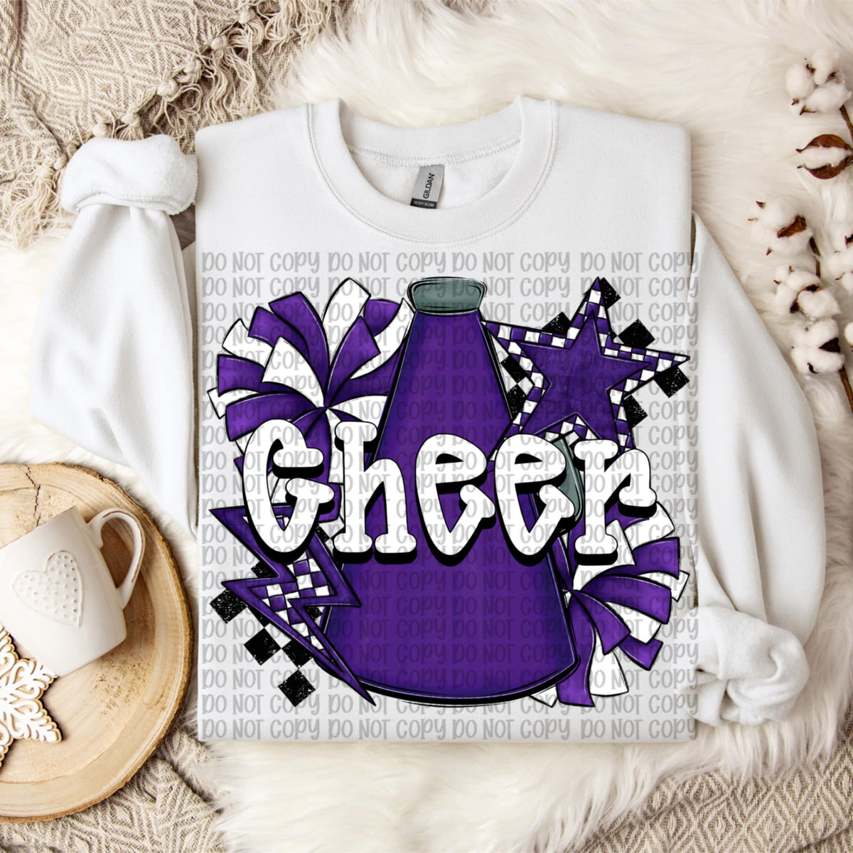 Cheer white words Purple megaphone and pom poms VP DTF transfer