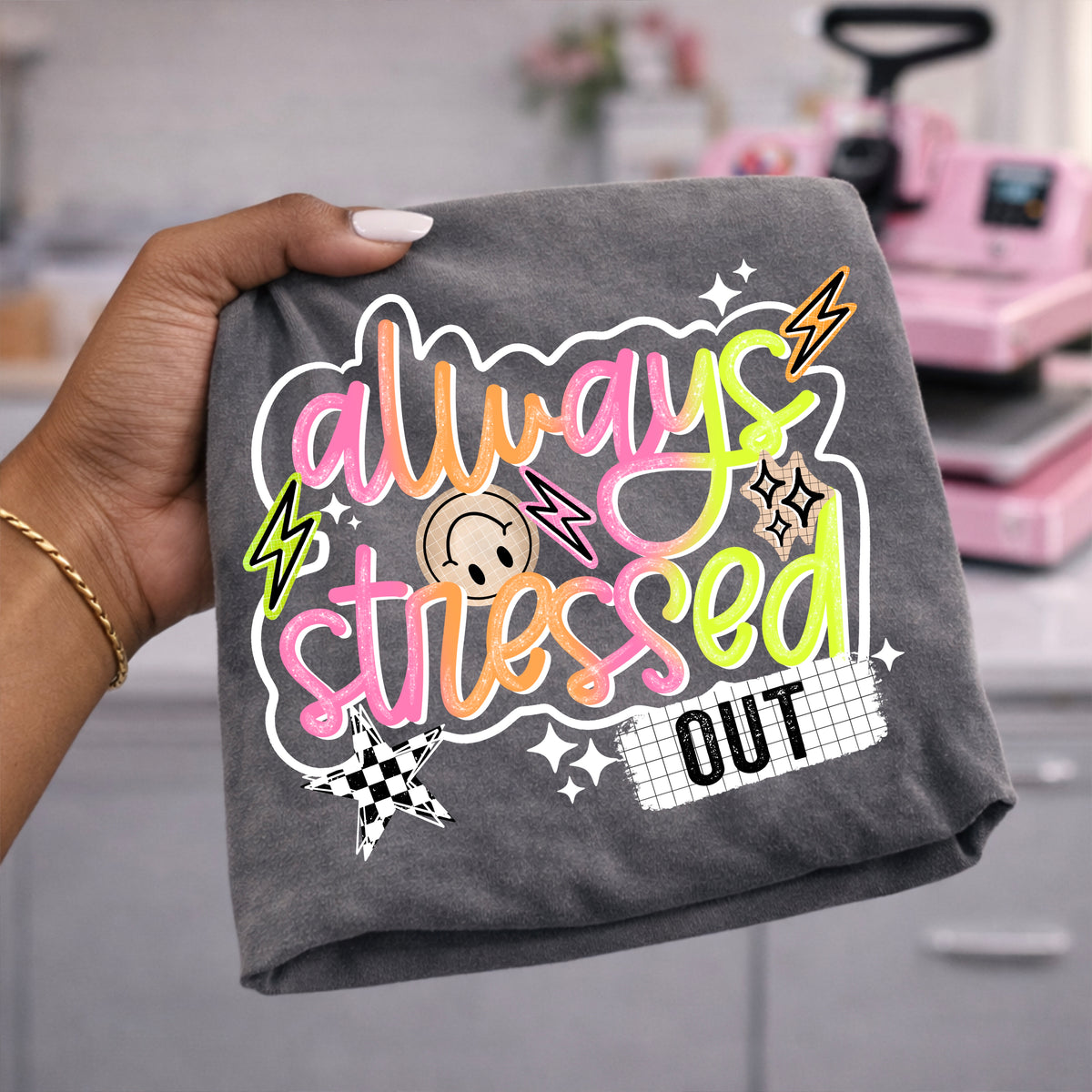 Always stressed out cursive (white) (CSC) DTF Transfer