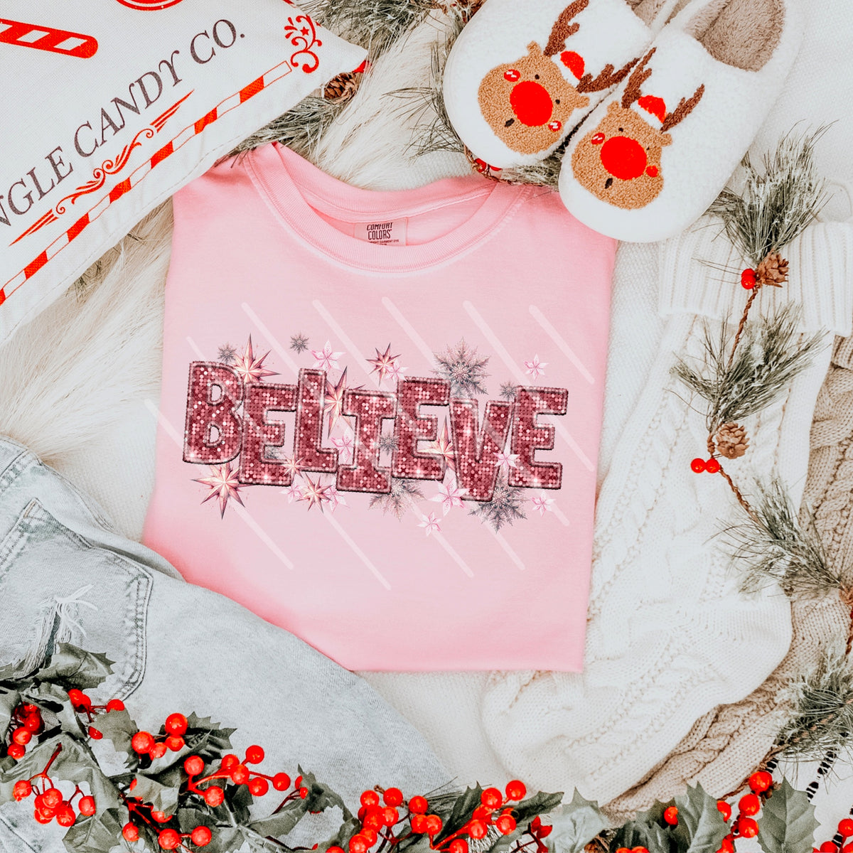 Believe PINK faux sequin letters and snowflakes 111586 DTF transfer