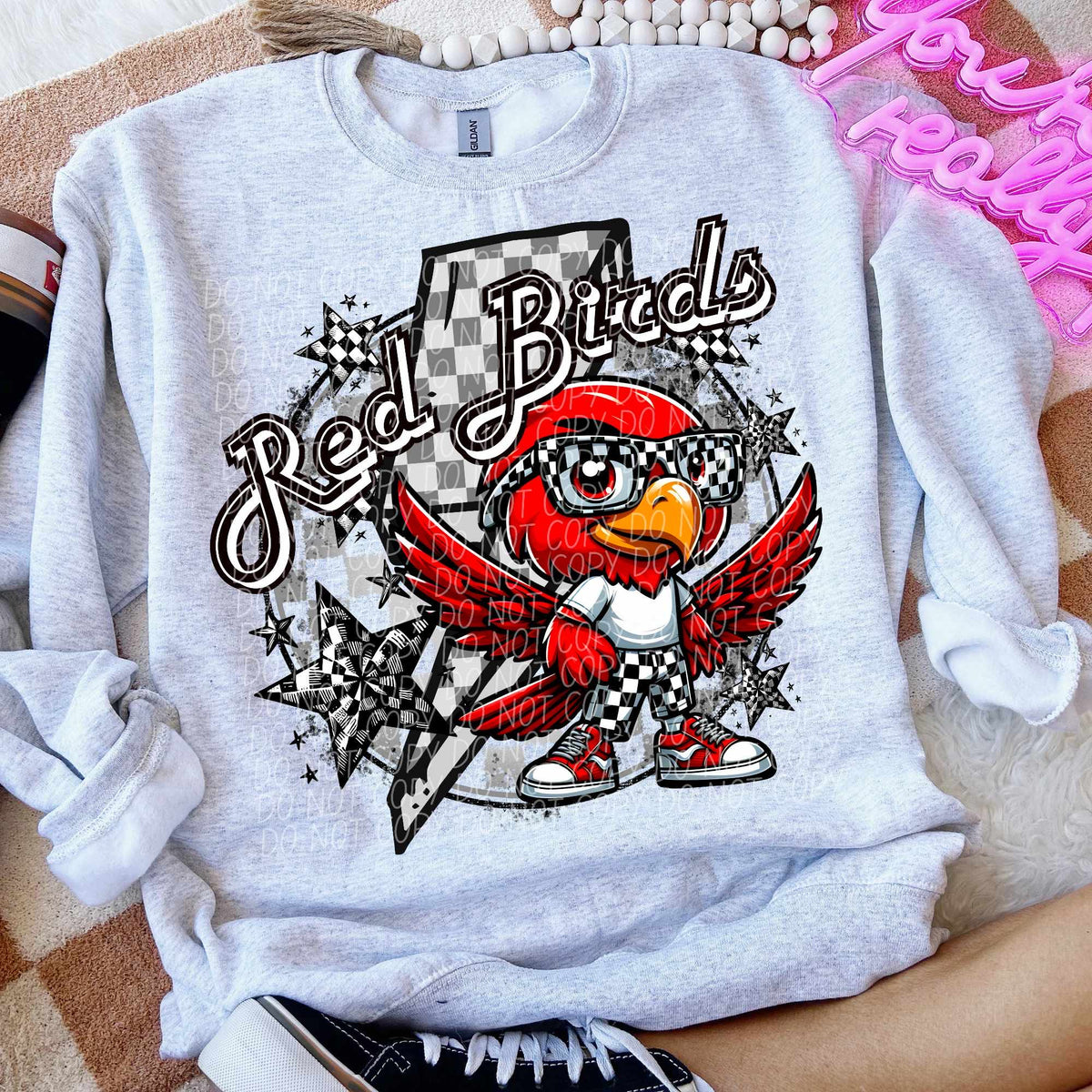 Red birds white shirt lightning bolt (CITY) 52436 DTF transfer