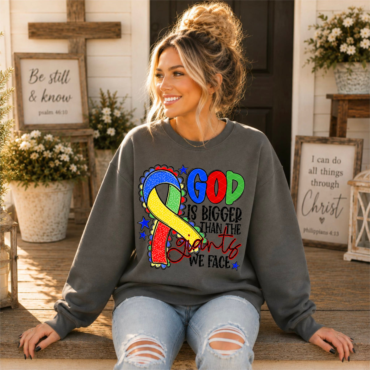 God is bigger than the giants we face RED YELLOW GREEN BLUE  ribbon (SDD) DTF Transfer