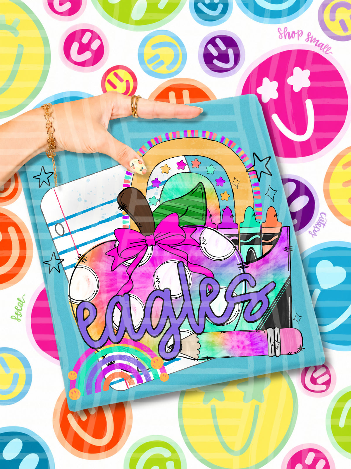 eagles tie dye apple with white dots and school stuff (CAPLINGER) DTF Transfer