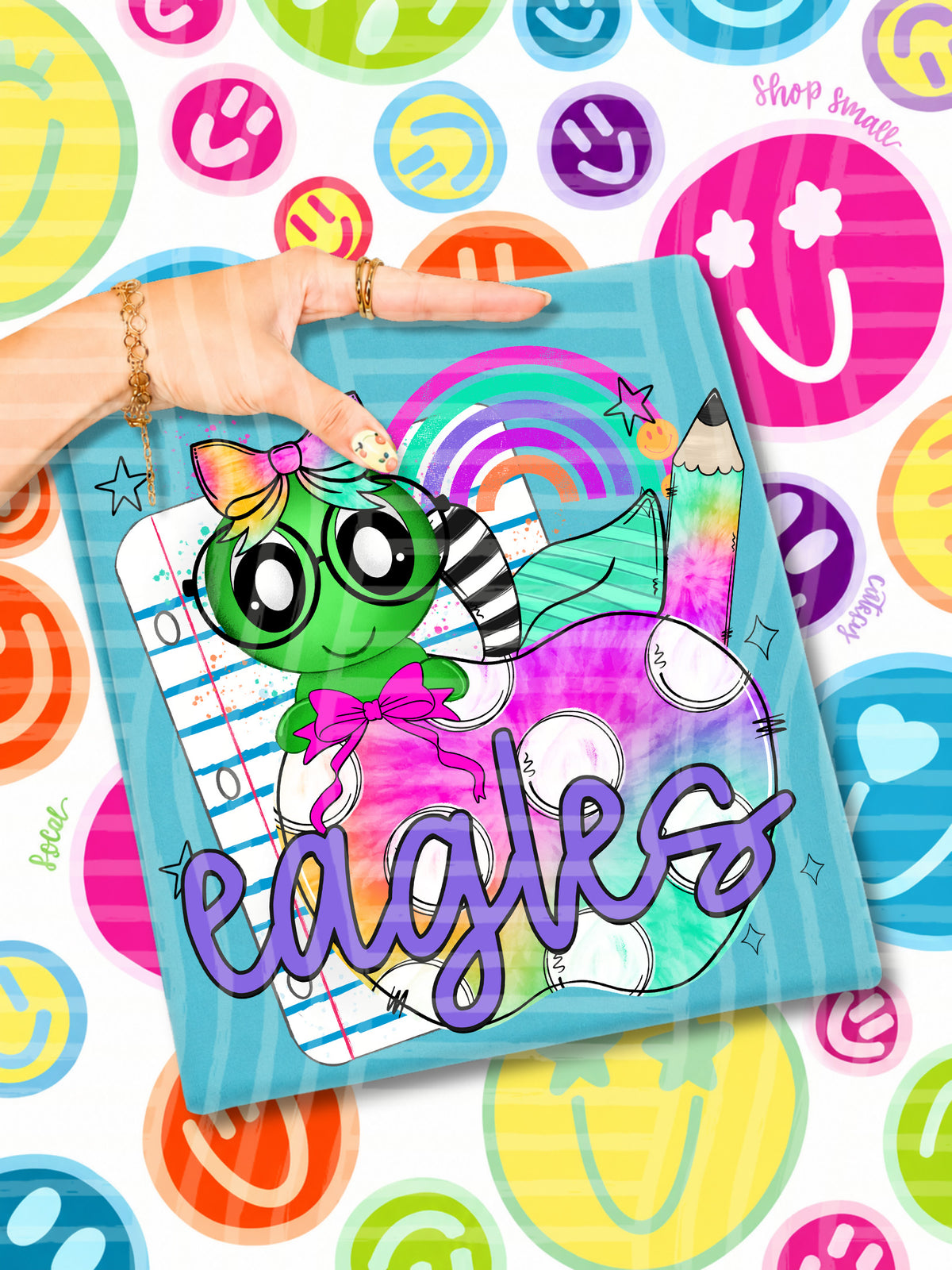 eagles tie dye apple with white dots & green bug (CAPLINGER) DTF Transfer