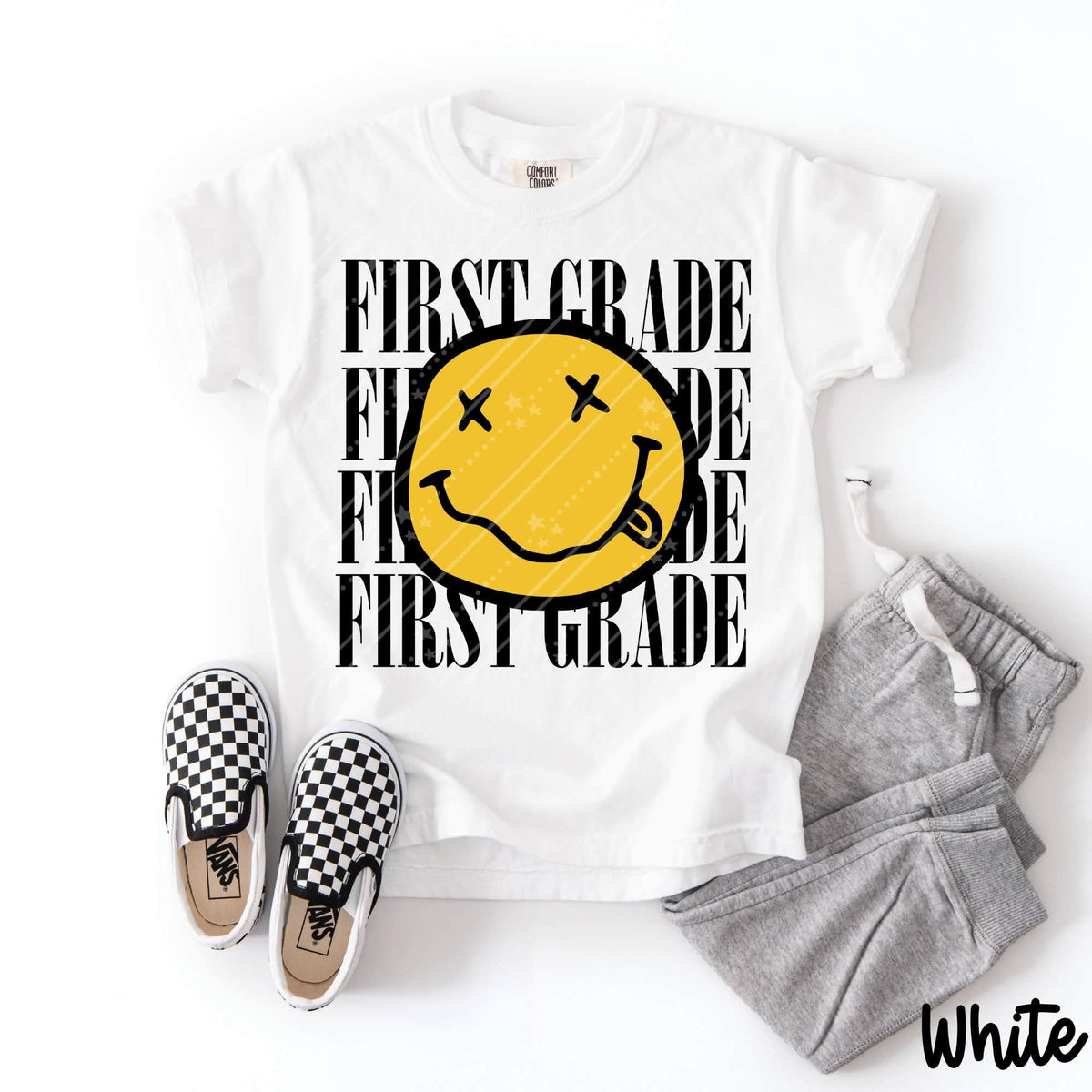 First grade stacked squiggly happy face BLACK (Carter) DTF Transfer
