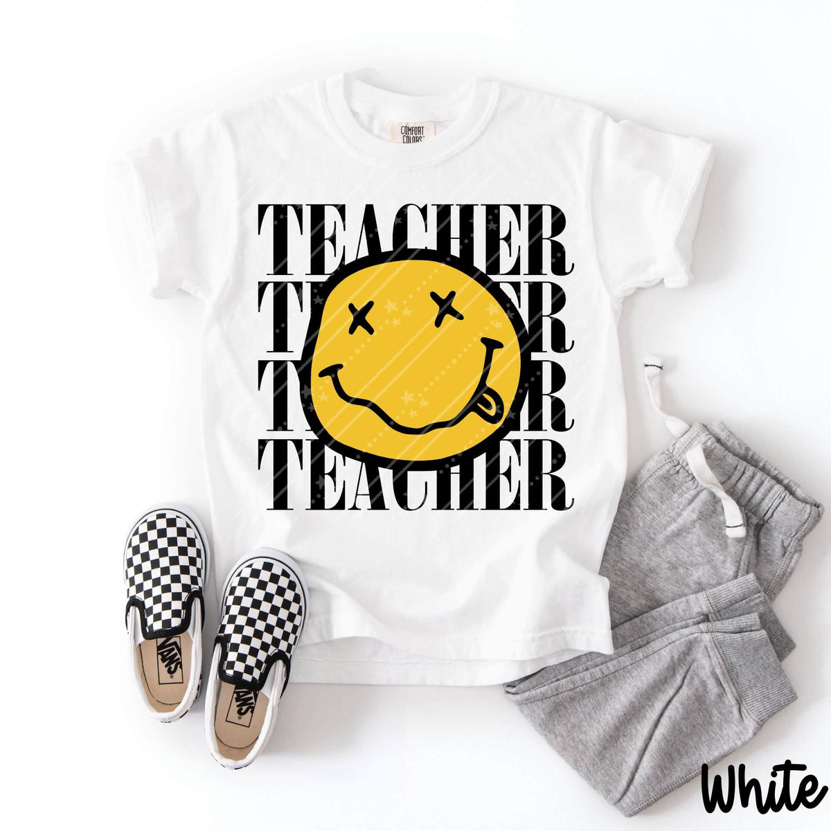 Teacher stacked squiggly happy face BLACK (Carter) DTF Transfer