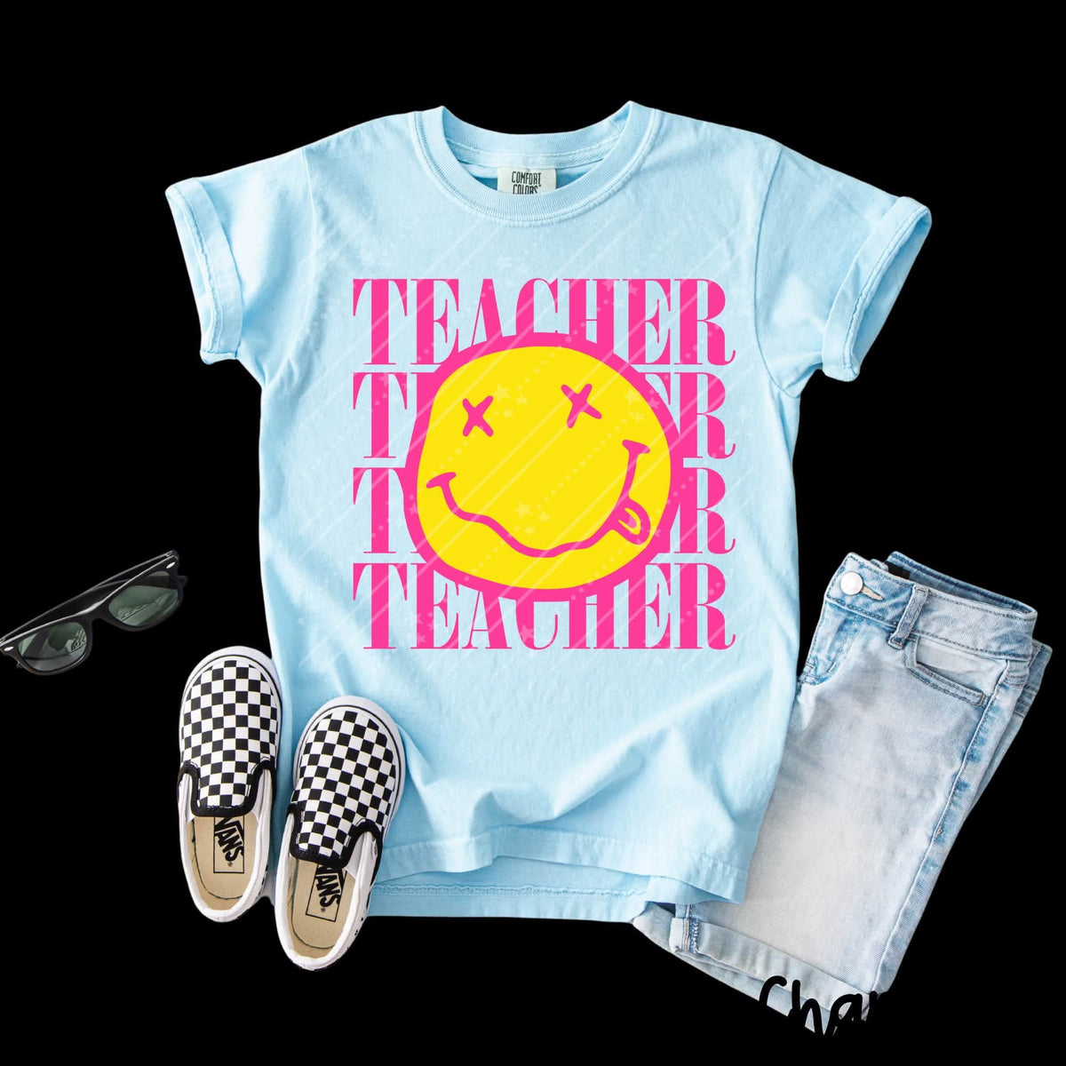 Teacher stacked squiggly happy face PINK (Carter) DTF Transfer