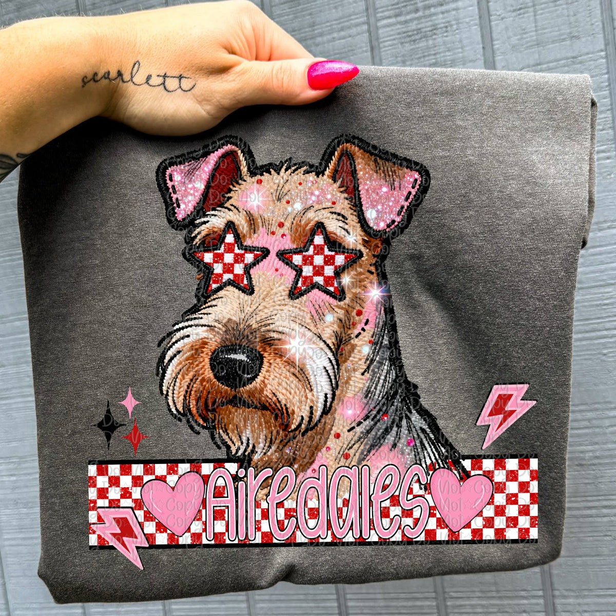 Airedales faux embroidery valentines (virgo) DTF transfer