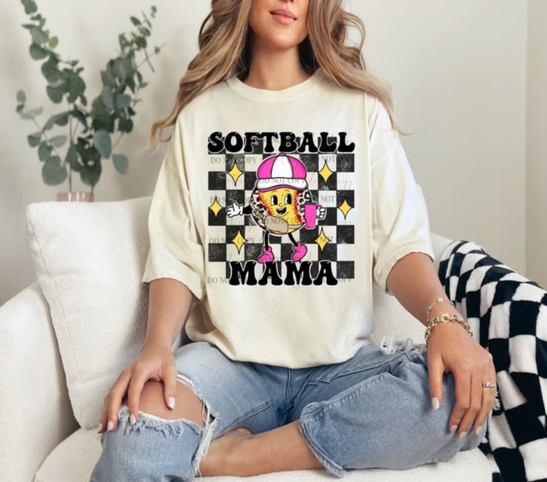 Softball mama character black checkered (40E) 92635 DTF transfer