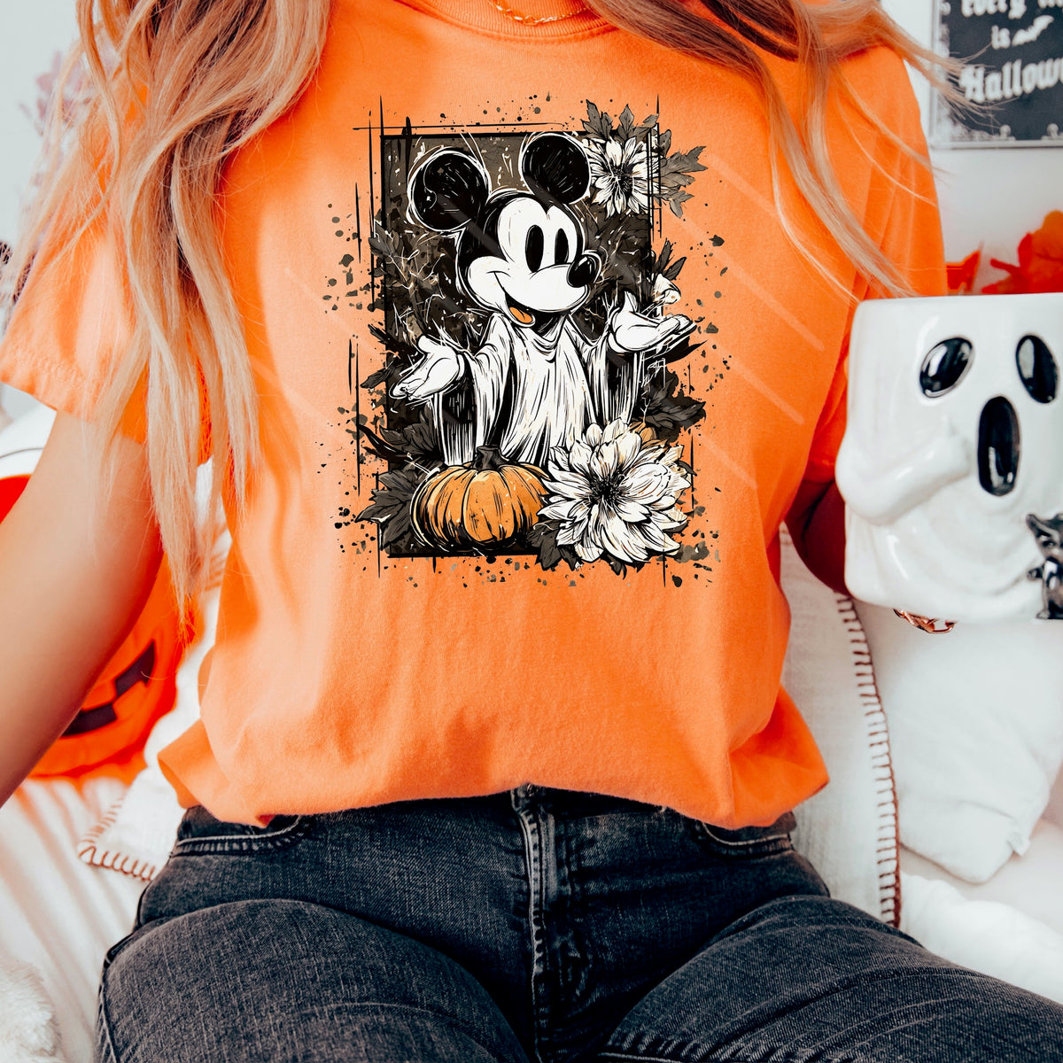 Vintage Boy Mouse frame with pumpkin and florals 111869 DTF transfer