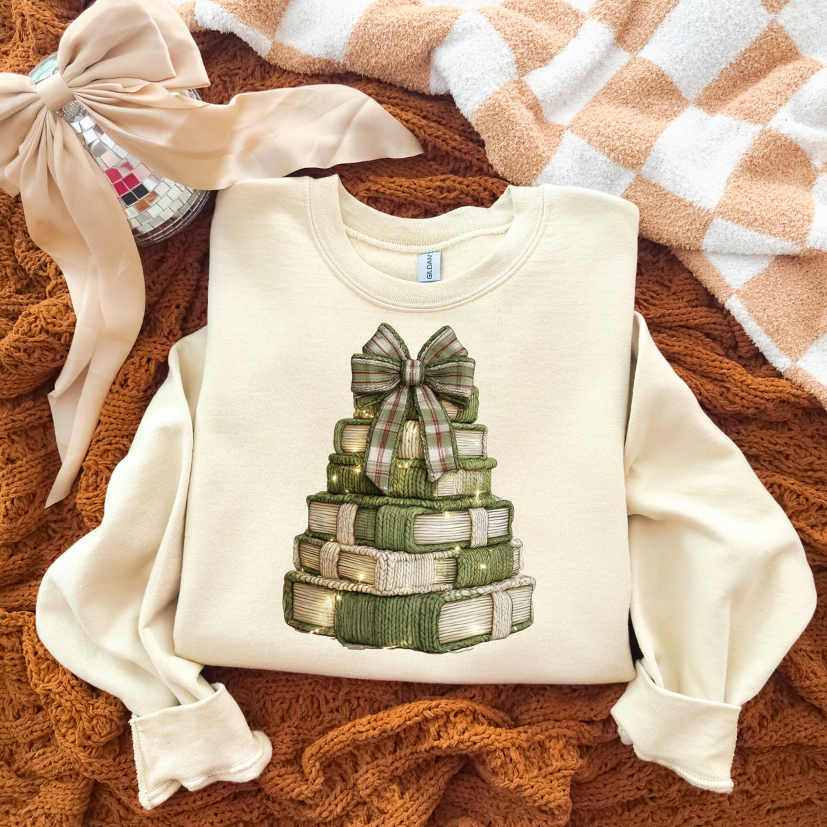 Stack of books faux yarn with bow DTF transfer