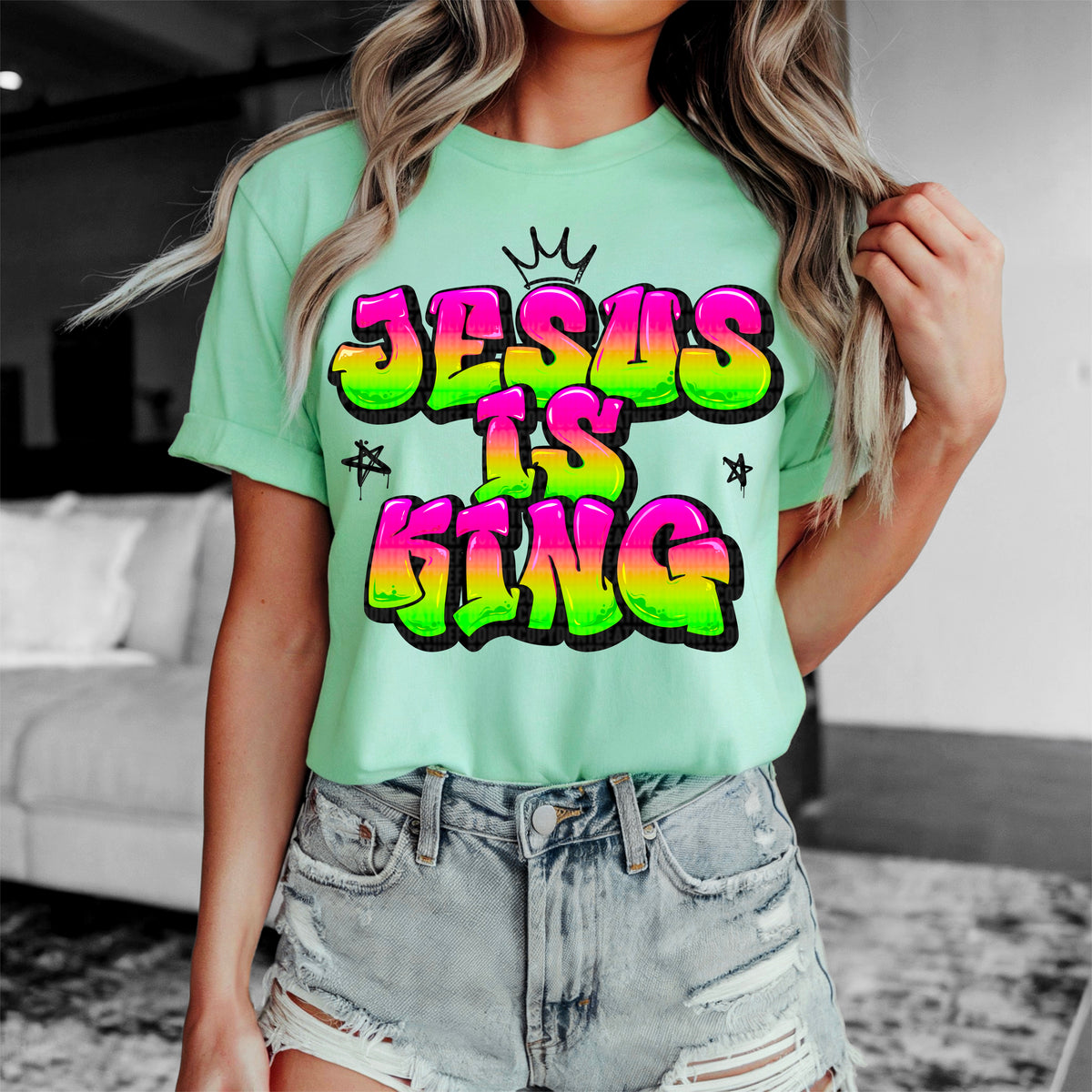Jesus is king pink yellow green 93633 DTF transfer