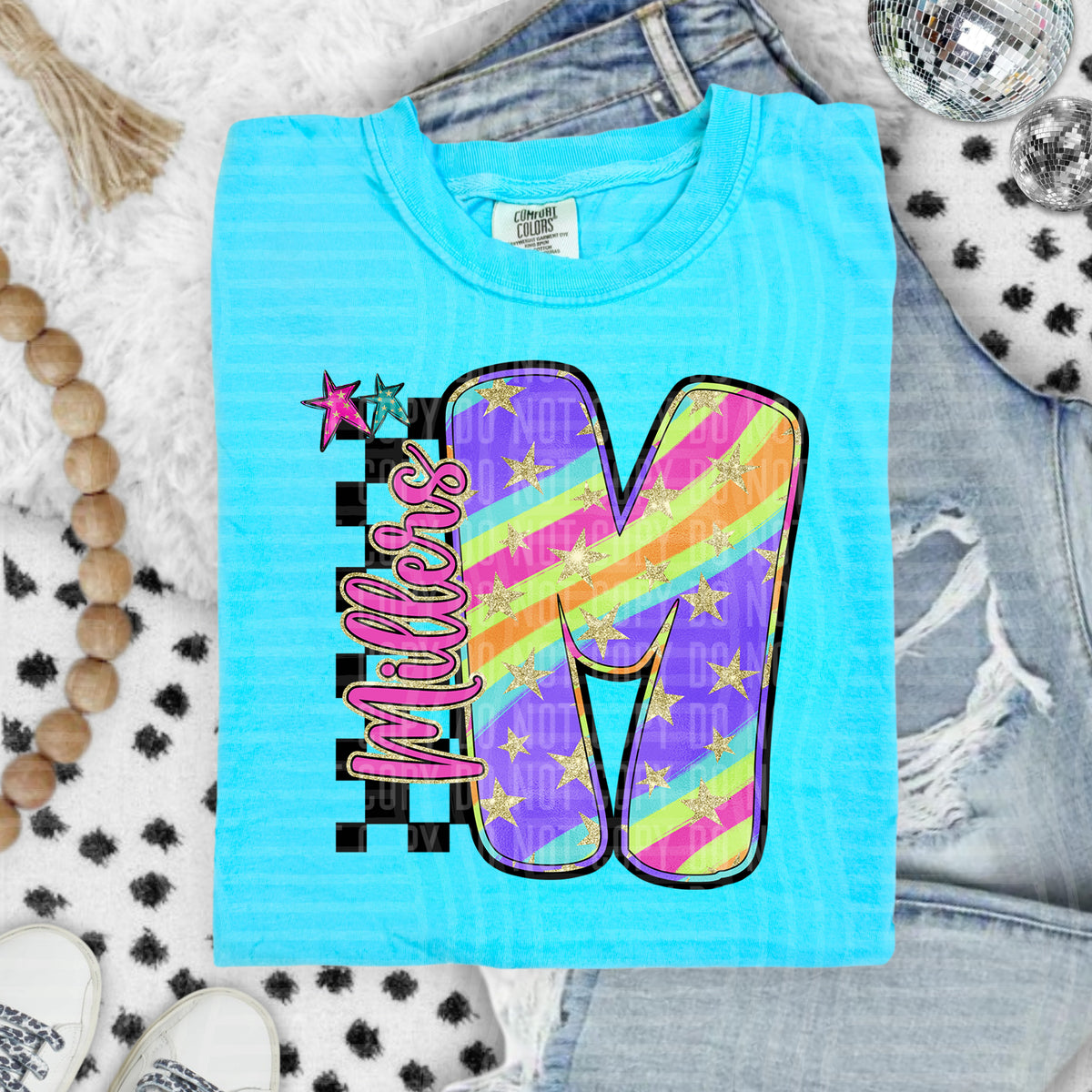Millers Colorful Retro Rainbow Letter M With Stars And Checker 108128 DTF transfer