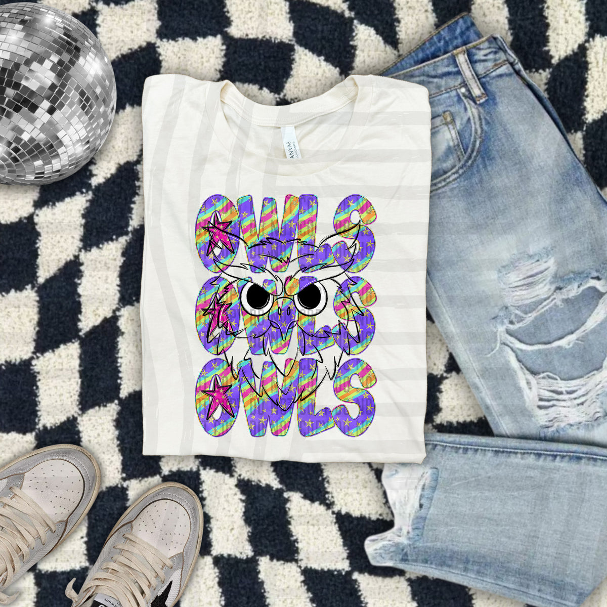 Owls Feather Head Colorful Word Stacked With Stars 108585 DTF Transfer