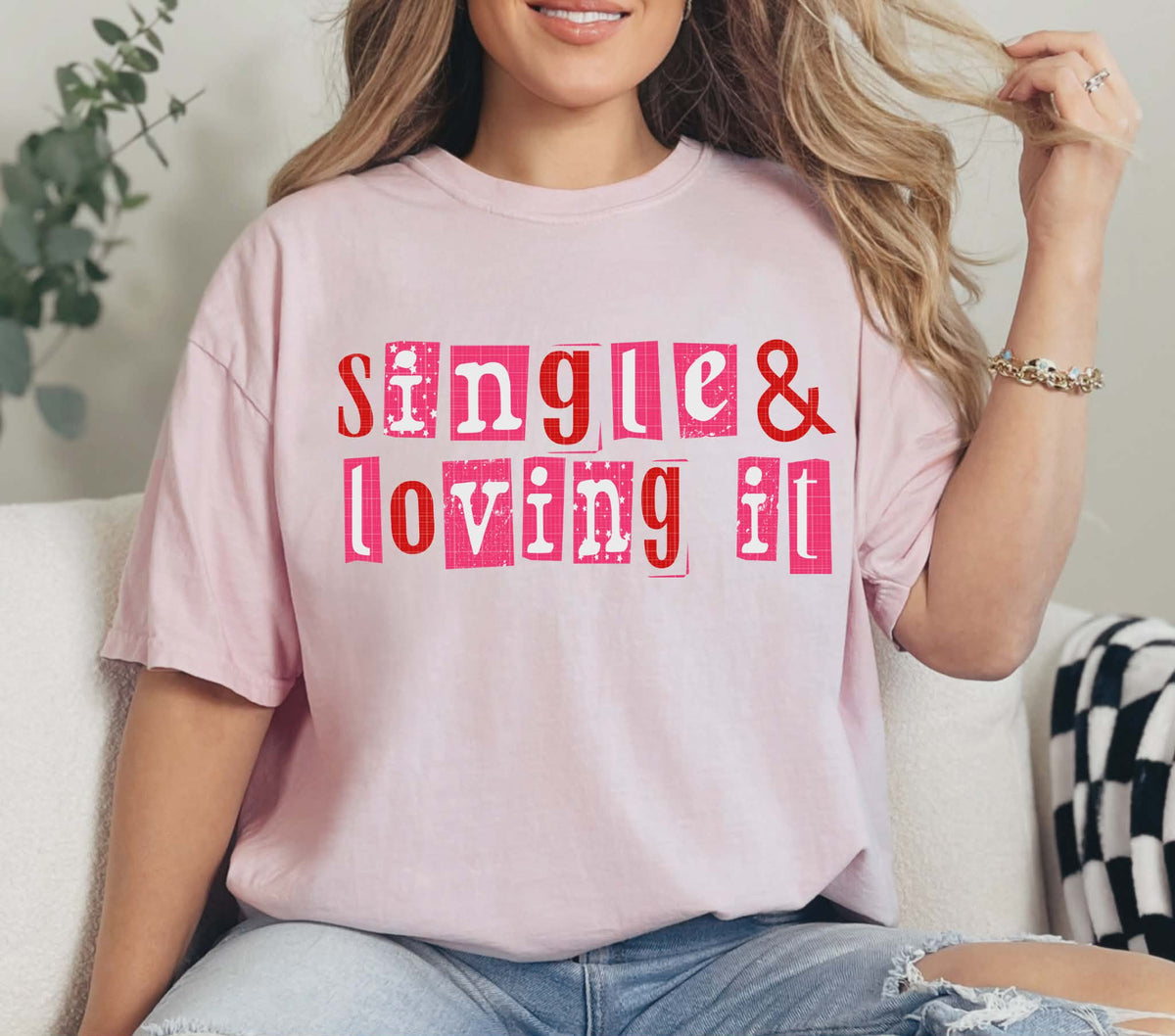 Single and loving it white text (LINDA) DTF transfer