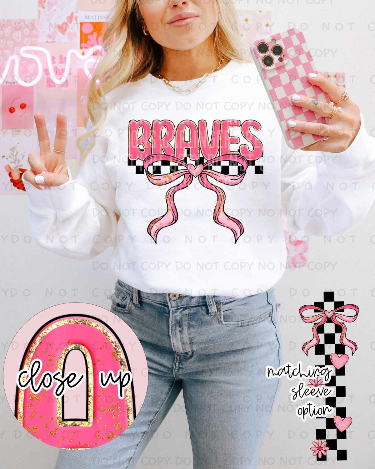Braves pink and gold with bow (Caplinger) 80462 DTF transfer