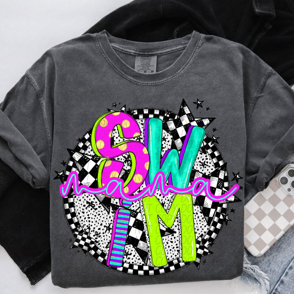 Swim mama neon font circle (CITY) 91298 DTF transfer