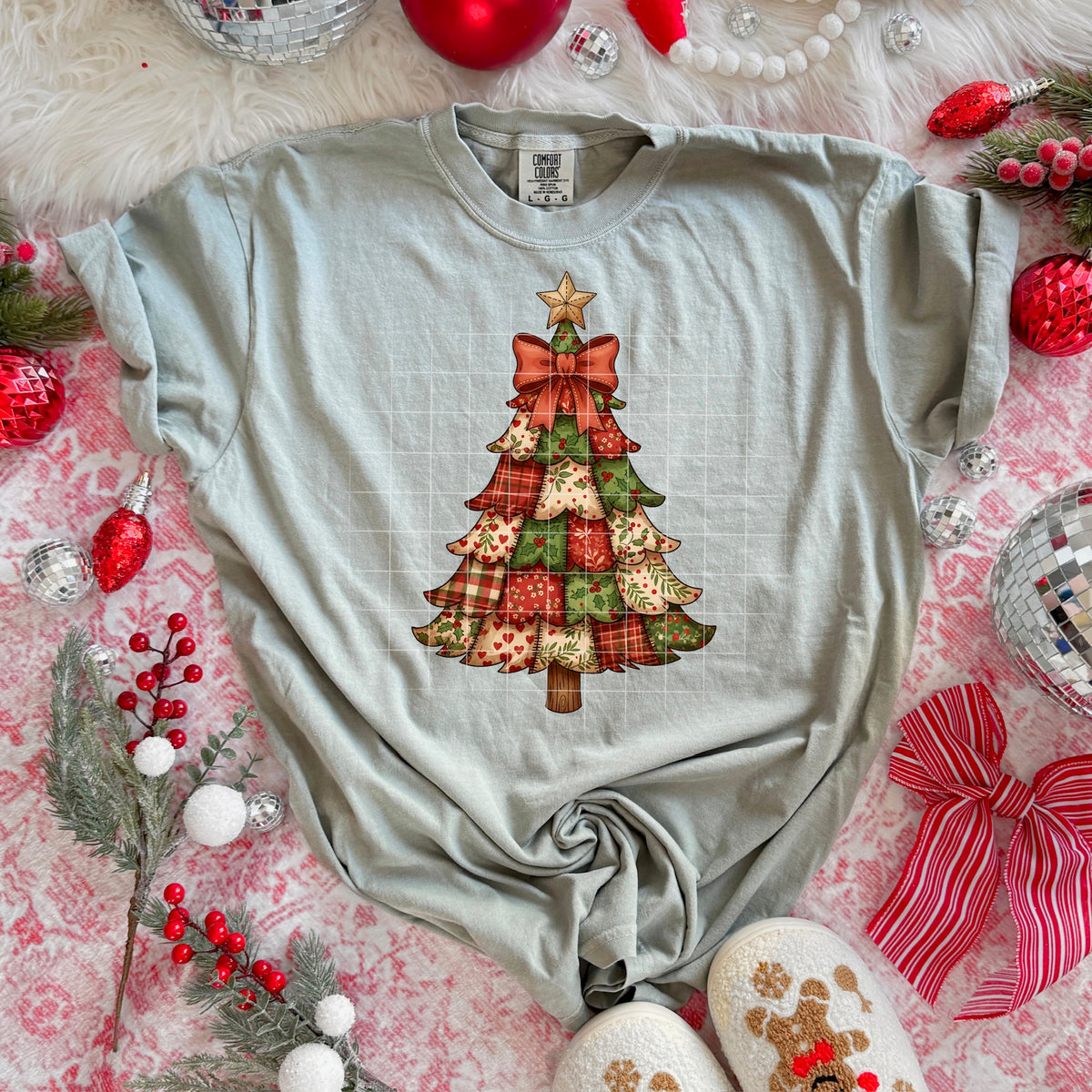 Patchwork Tree with red bow 113758 DTF Transfer