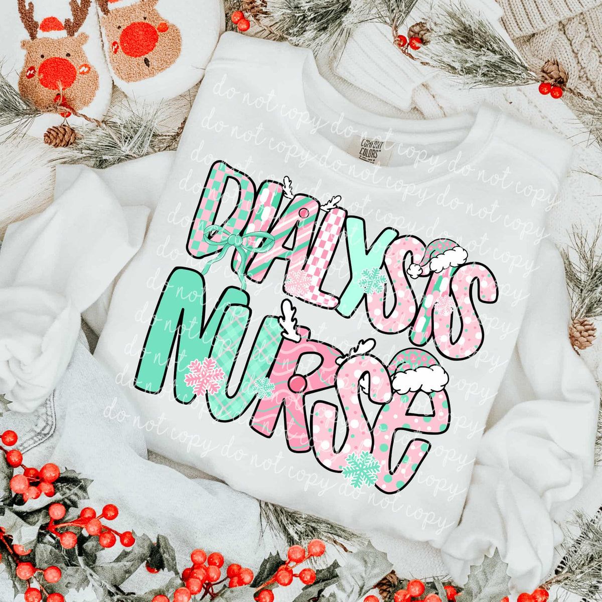 Dialysis Nurse Mint and Pink Christmas letters DTF transfer