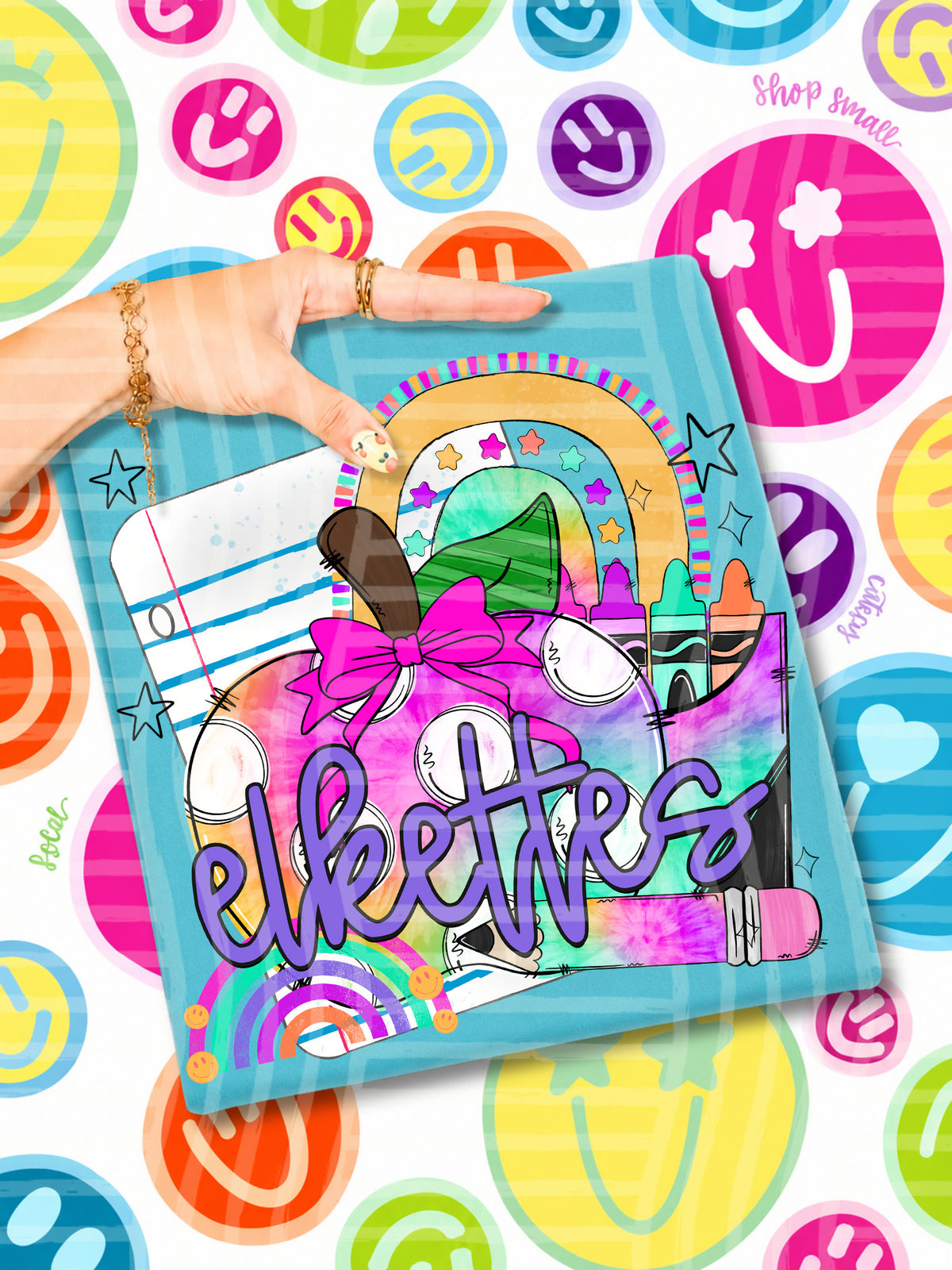elkettes tie dye apple with white dots and school stuff (CAPLINGER) DTF Transfer
