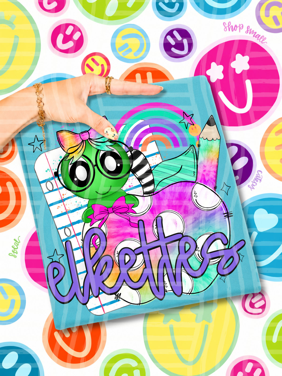 elkettes tie dye apple with white dots & green bug (CAPLINGER) DTF Transfer