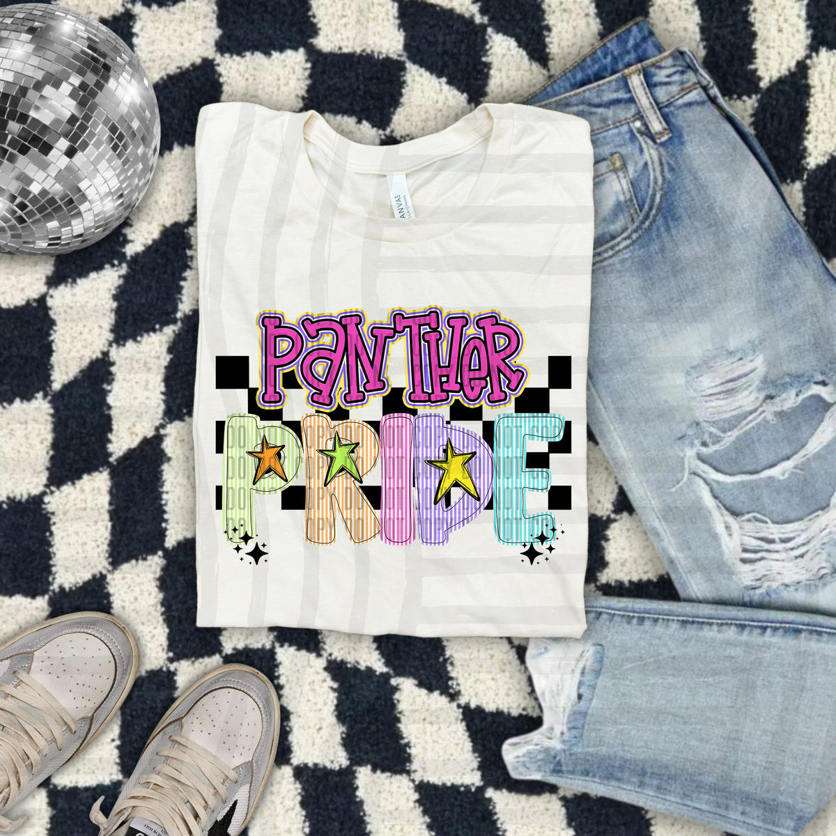 Panther Pride - Colorful Stripe With Stars And Checker 108217 DTF transfer